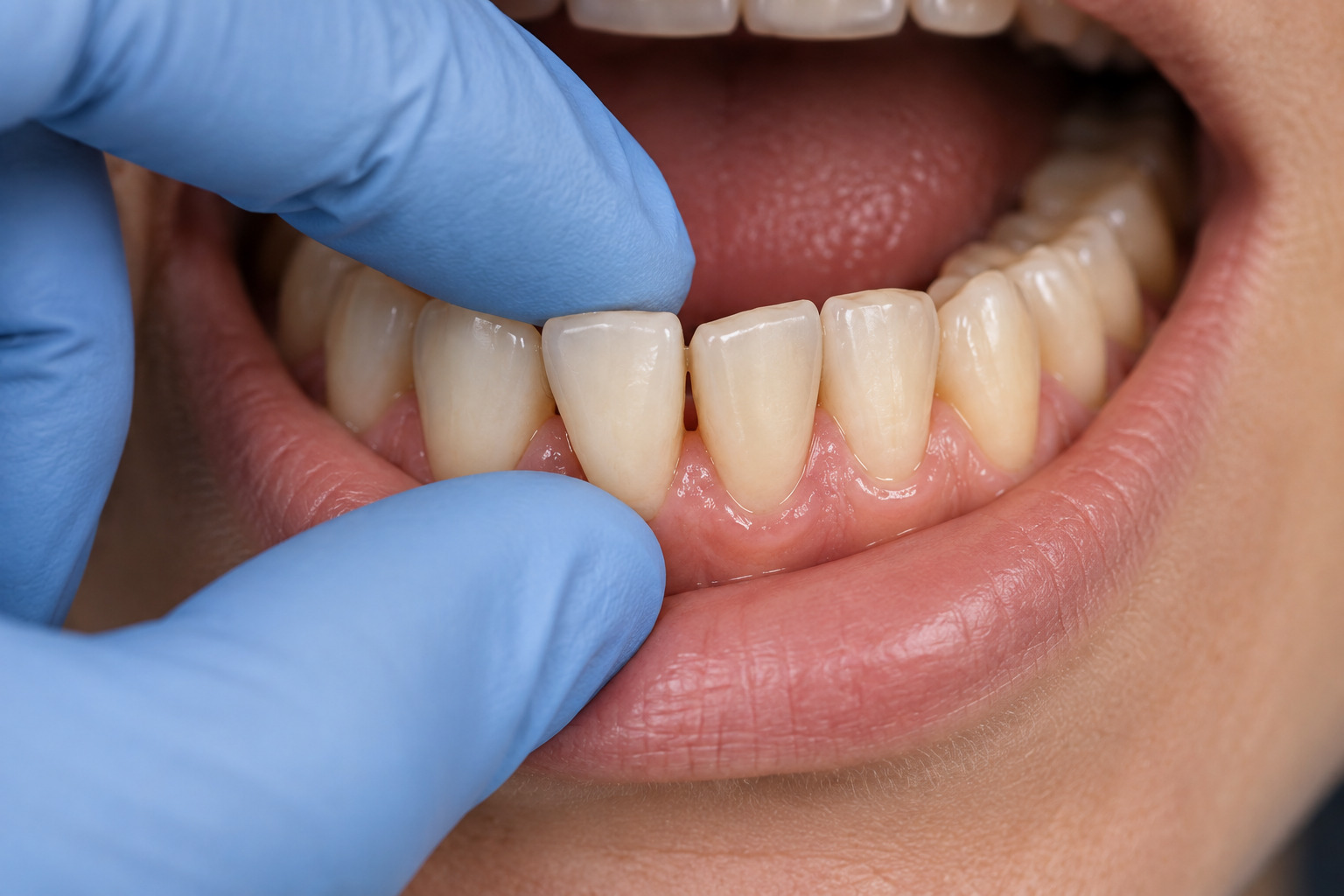 Dentysta sprawdza ruchomość ruszającego się zęba u pacjenta